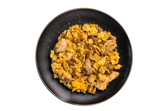 Serbian rice with beef meat, vegetables in a plate isolated on white background
