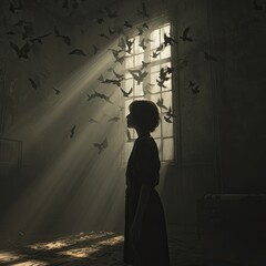 Silhouette of a girl in an old, dark room, bathed in sunlight through a window, with birds/bats flying around