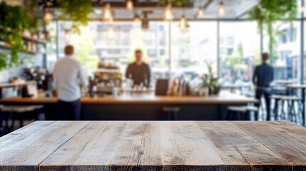 Empty rustic wooden table in modern cafe interior with blurred background of people, bar counter, hanging lights, and greenery