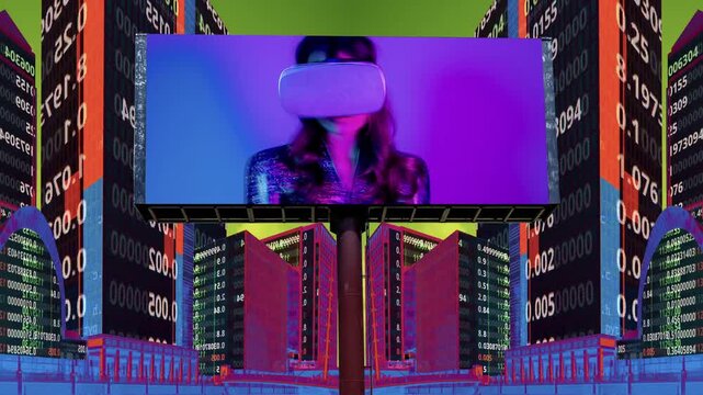 city with overlayed code and data and billboard with Vr woman 