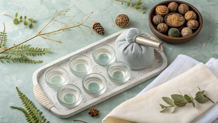 Flatlay cupping therapy set with glass cups, massage tools and natural wellness accessories