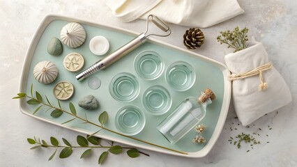 Flatlay cupping therapy set with glass cups, massage tools and natural wellness accessories