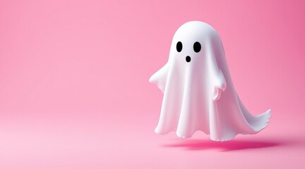 Floating white cartoon ghost character with wide black eyes and surprised expression, sheet-like spirit figure hovering on smooth pink gradient background in 3D illustration