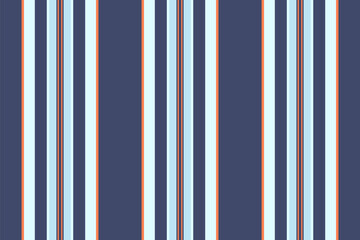 Fototapeta na wymiar Vertical stripes create a modern pattern. Blue, white, and orange lines on a navy background. Useful for backgrounds, textiles, and graphic design projects.
