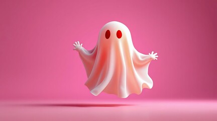 Floating cartoon ghost with red glowing eyes and outstretched hands, spooky white sheet ghost hovering against smooth pink gradient background in 3D illustration