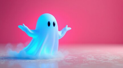 Cute glowing ghost character with blue neon light effect and black oval eyes, floating with arms raised over a smooth pink gradient background in 3D illustration