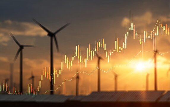 Wind turbines and solar panels overlaid with a rising stock chart against a golden sunset