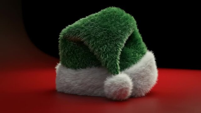 Furry green Christmas elf hat with white trim and pom pom on red surface