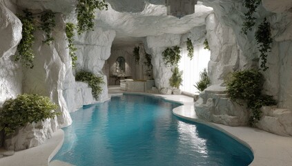 Luxurious indoor pool cave with white rock formations and lush greenery