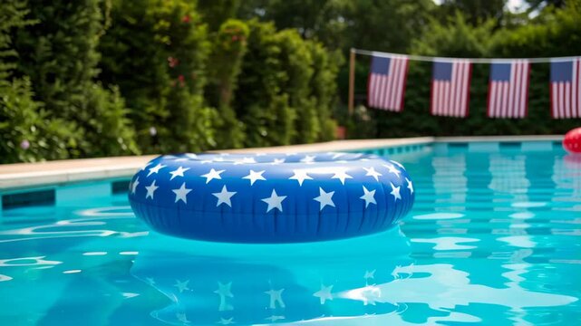 Independence day celebration family gathering holiday pool with patriotic star float blue water summer outdoor party and inflatable rings flag