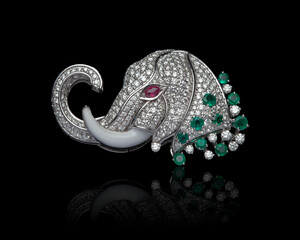 Luxury Diamond Elephant Brooch with Emerald and Ruby Gemstones