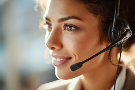 Smiling young woman with headset providing customer service and support in professional call center environment