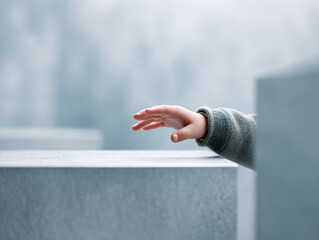 Intriguing image of a childs hand reaching across geometric structures in cool tones. Symbolizes exploration, curiosity, and growth. Ideal for themes of childhood, hope and new beginnings.