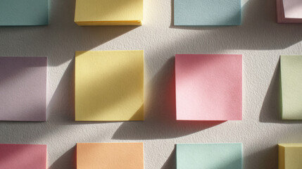 Obraz premium Colorful sticky notes arranged on wall with dramatic shadows and textured surface, ideal for concepts of planning, organization,and productivity.