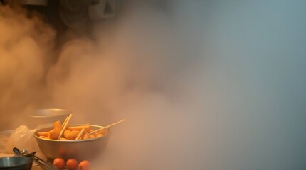 Smoke over restaurant kitchen food preparation 