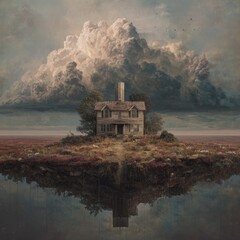 Solitary house on an island, reflected in still water, under a dramatic sky