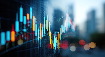 Financial data displayed on a screen, overlaid with a cityscape in soft focus