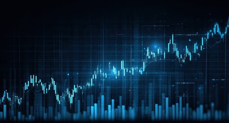 Dark background with glowing blue stock market graphs and charts