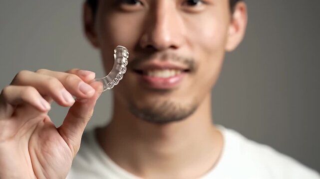 Man Holding Clear Dental Aligner Closeup Portrait