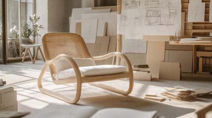Rattan rocking chair with white cushion in a design studio Architectural drawings and wood samples are visible
