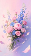 Elegant Bouquet of Pink Peonies, Blue Delphiniums, and Floating Petals