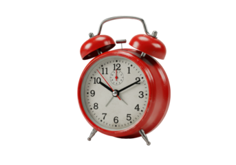 Isolated red alarm clock, a vintage metal desk clock for wake up, timekeeping, and reminders