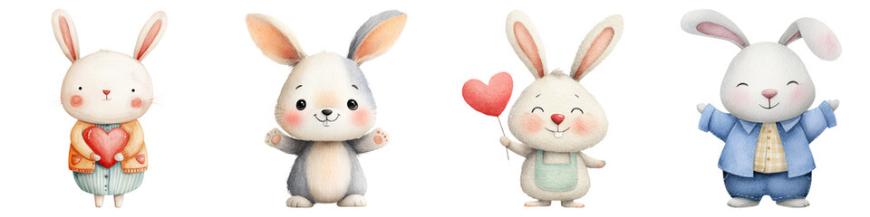 Obraz premium Singles day watercolor clipart, Four adorable cartoon rabbits expressing various emotions and holding a heart, each with a unique outfit and personality.