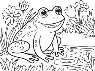 Frog on Lily Pad with Flowers – Detailed Line Drawing of Frog in Pond for Kids’ Coloring