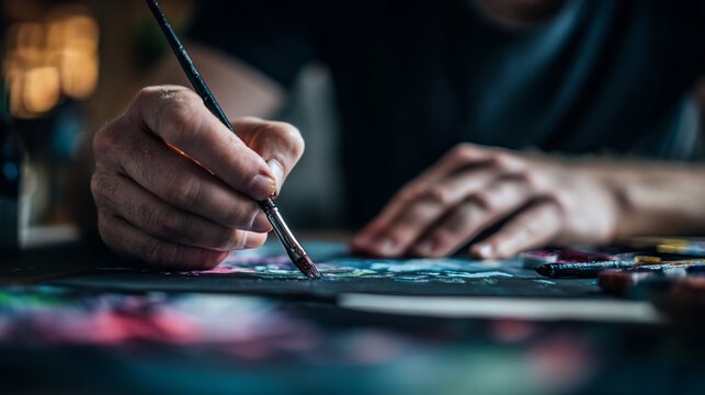 Artist Hand Painting Creative Artwork in Dimly Lit Studio - Powered by Adobe