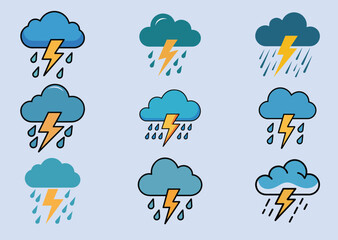 Cloud with lightning and rain Icon Set, Cloud with lightning and rain Vector design