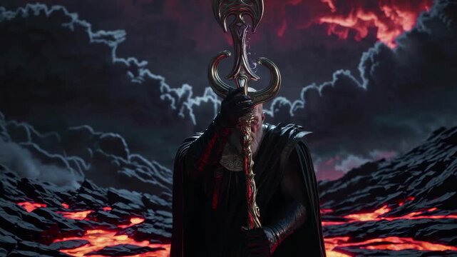 Epic fantasy scene with a low-angle view of a lone figure on lava terrain under a dramatic sky. Perfect for a cinematic video backdrop.