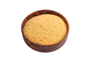 Pile of breadcrumbs in a wooden bowl isolated on white background. top view