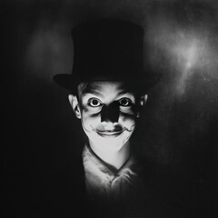 Black and white portrait of a child, sinister smile, top hat, dramatic lighting