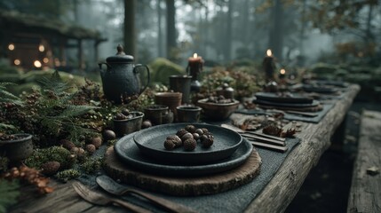 Fototapeta premium Dark Moody Table Setting for Halloween Dinner in misty forest with rustic wood table, black ceramic dinnerware, natural chestnuts and candlelight arranged for cozy spooky outdoor dining or woodland