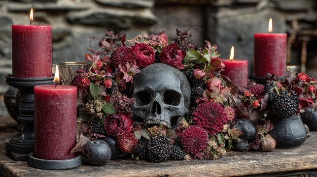 Dark Moody Table Setting for Halloween Dinner with gothic skull centerpiece, dried red florals, dark berries and lit wax candles arranged in dramatic romantic horror styling for atmospheric seasonal