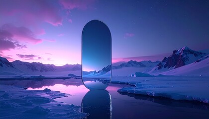 Surreal Snowy Landscape with Vertical Mirror Portal at Twilight