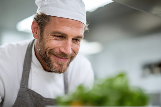 Smiling chef intently inspecting fresh ingredients. Depicts culinary passion, quality food preparation, and a professional, dedicated cook. Use for food industry, restaurants, healthy eating. - Powered by Adobe