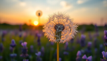 Fototapeta premium A dreamy macro shot of a dandelion with seeds blowing in the wind over a lavender field during sunset.