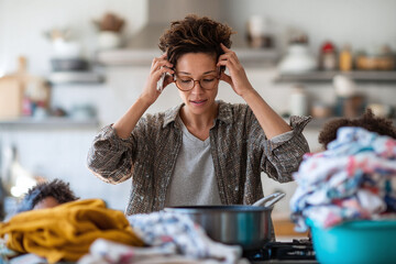 Stressed woman on phone surrounded by chores conveys modern lifes pressures. Metaphor for overwhelm, anxiety, worklife balance struggles. Usable for articles, blogs, ads.