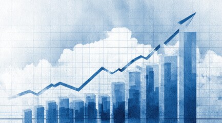 Abstract graphic of a rising trend, showing upward trending data, with stylized bar graphs and a line graph against a light blue, gridded background and clouds