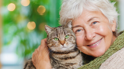 Smiling senior woman cuddling tabby cat with green eyes indoors.