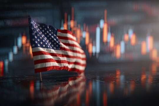 American flag on a dark reflective surface, financial charts background