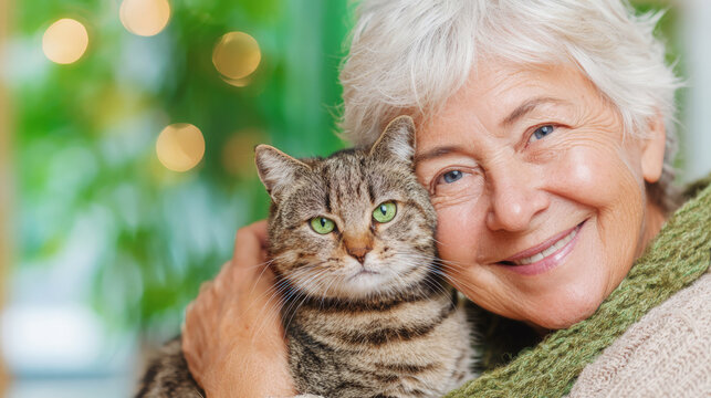 Smiling senior woman cuddling tabby cat with green eyes indoors.