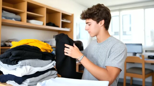 1 A freshman folds laundry in a dorm room with clothes stacked a fan whirring and a playlist blaring from speakers depicted in a tidy photo with fabric folds air currents and