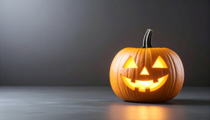 Single Glowing Jack-o&rsquo;-lantern on Dark Background, Minimalist Halloween Design