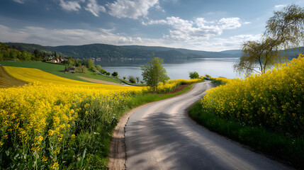 4K scenery of a road, fields, lakes, and more.
