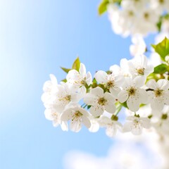 Blossoming cherry blossoms against a clear blue sky