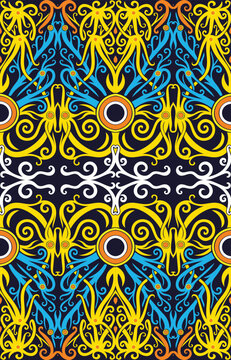 Home Deco Living Room, Intricate Ornamental Motif A Symmetrical , Colorful Dayak Motif of Boreno Indonesia Square, Golden Floral Scrollwork tiles vector, Area Rug Borneo kalimantan dayak Ornament 