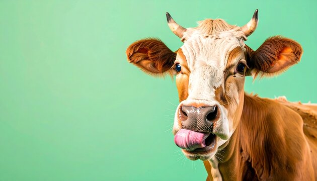Close-up of a brown and white cow with its tongue out against a green background - Powered by Adobe