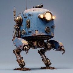 Rusty blue robot with steampunk details